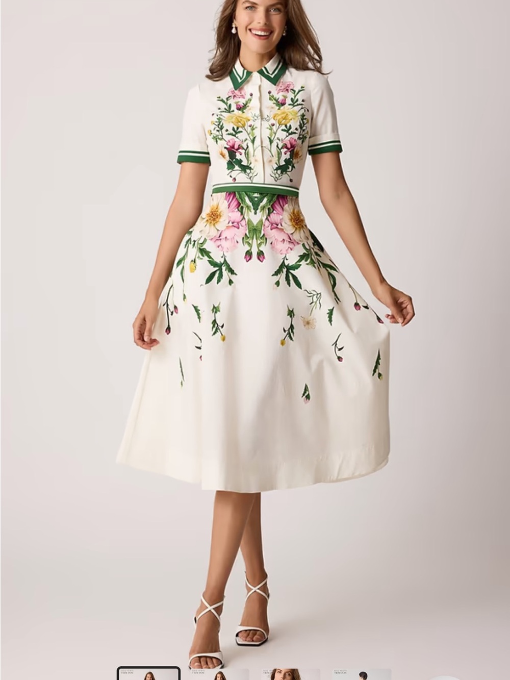 Terri Jon Floral Embroidered White Midi Dress with Green Trim